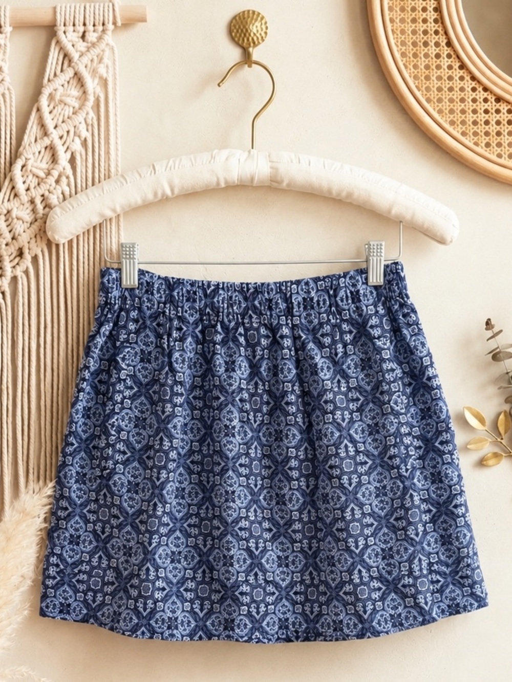 J. Crew Navy Blue Printed Elastic-Waist Mini Skirt